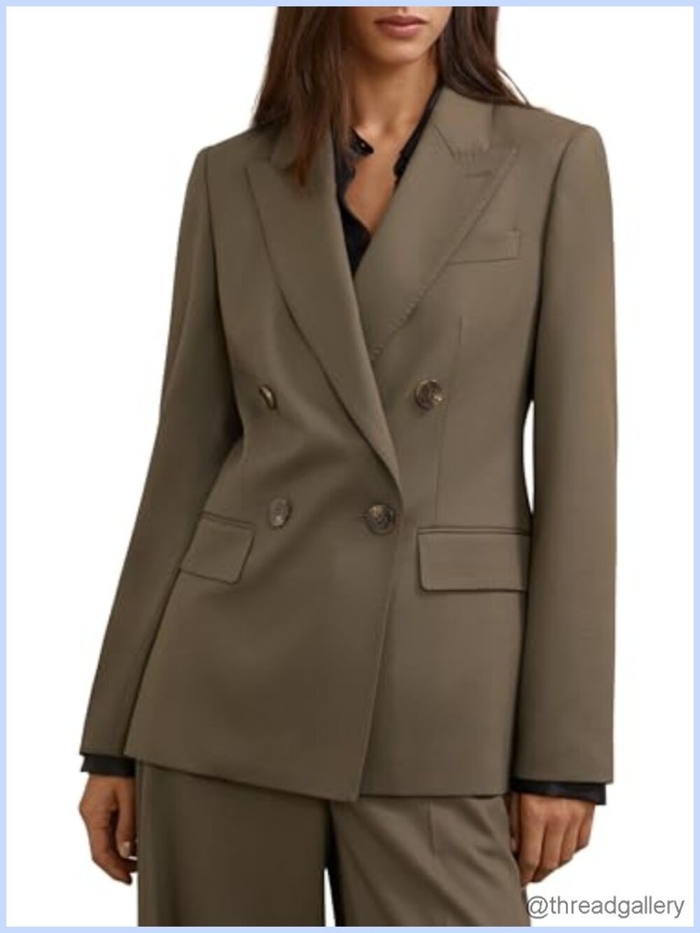 Wool Blend Double Breasted Peak Lapel Blazer Shaped Shoulders Single Vent